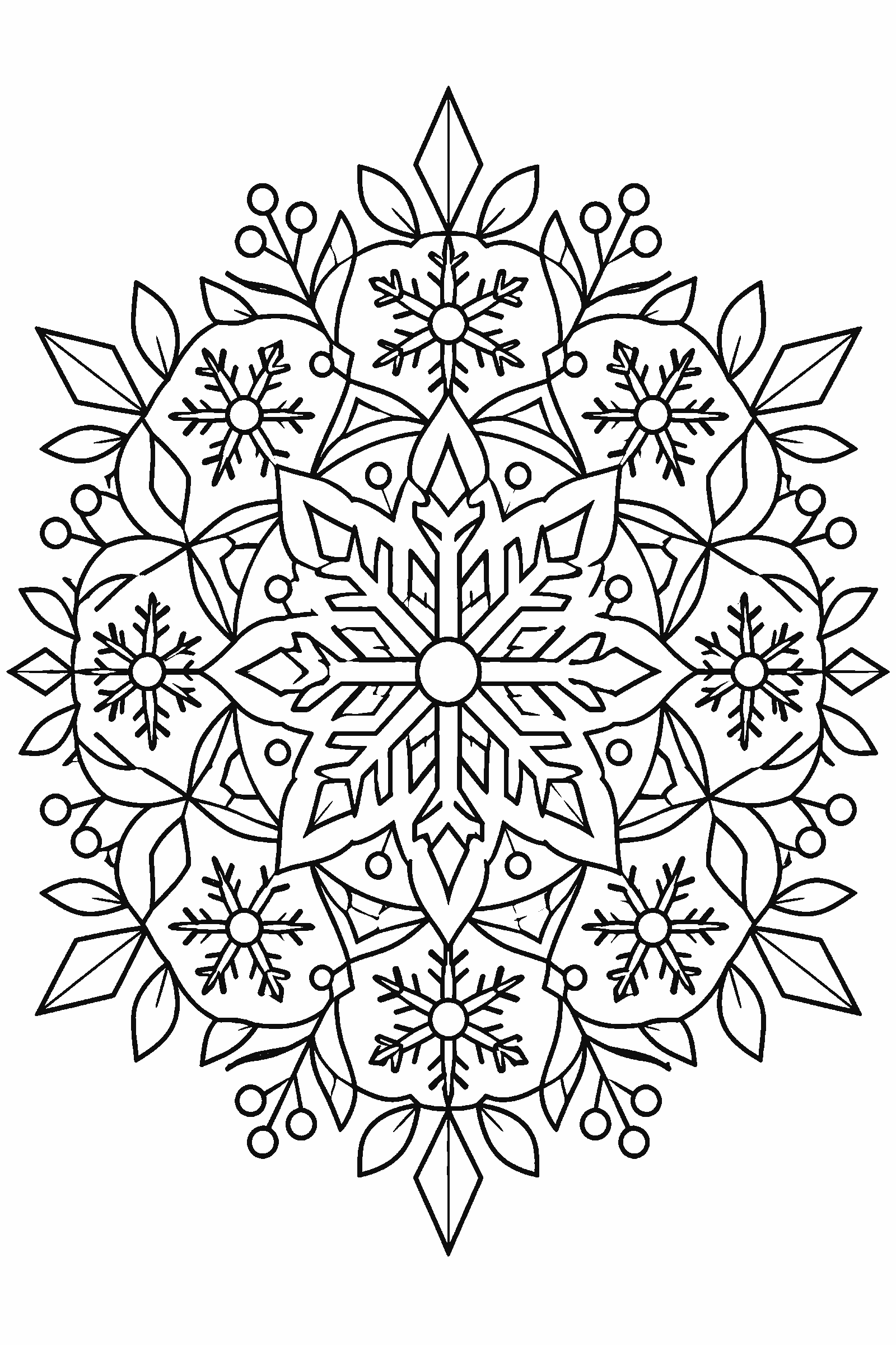 Detailed snowflake mandala coloring page with intricate ice crystals and geometric patterns