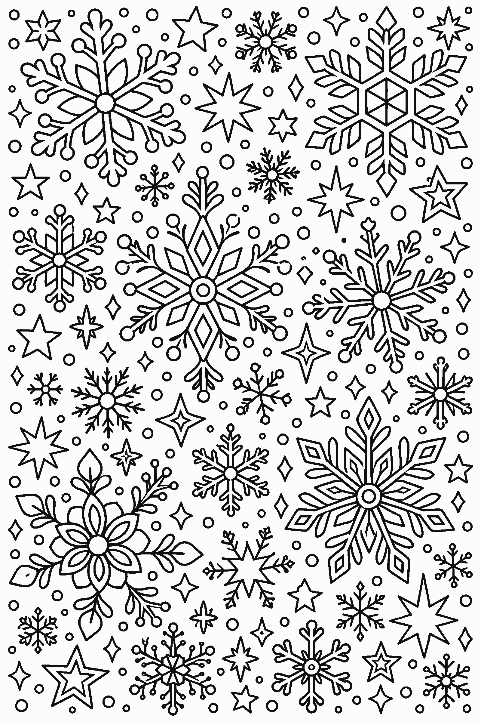 Full-page coloring pattern of many different snowflakes, stars and small dots