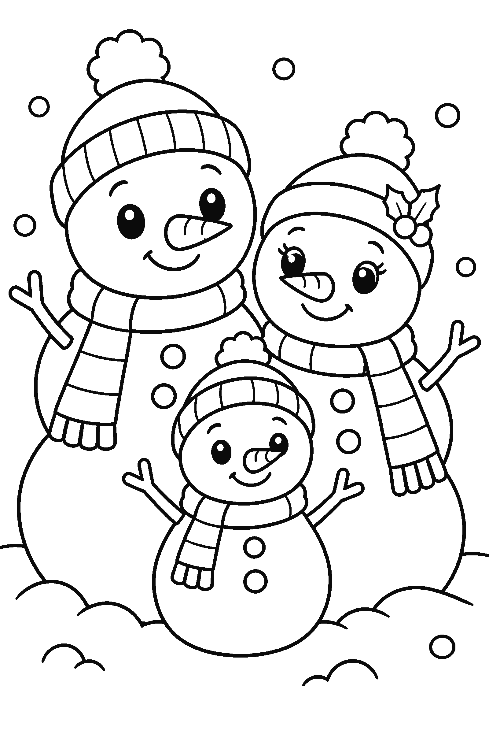 Coloring page of a snowman family of three with hats, scarves and a carrot nose in the snow