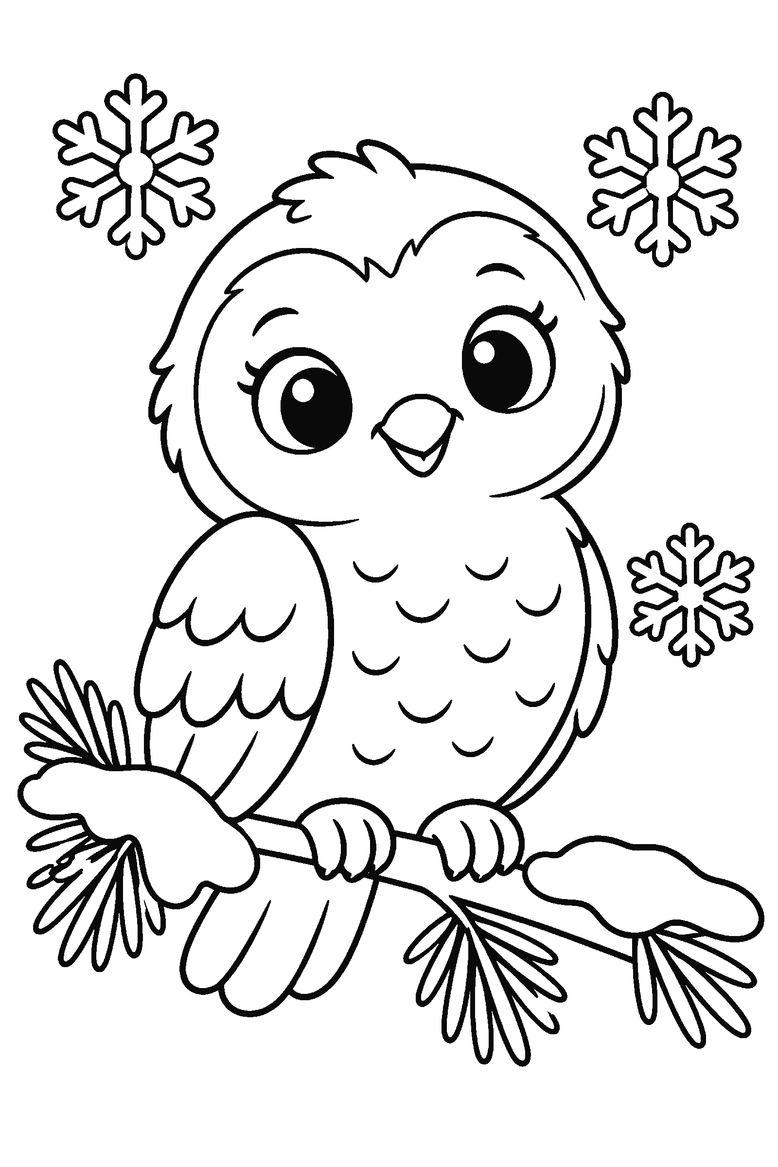 Coloring page of a snowy owl perched on a snowy pine branch with snowflakes