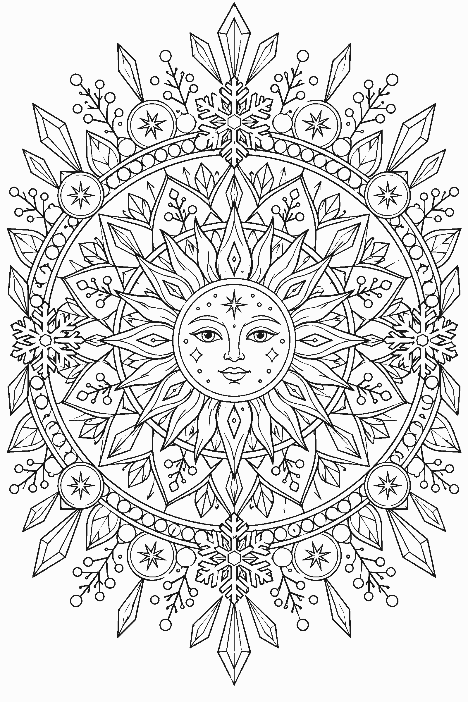 Coloring page of a winter solstice sun and snowflake mandala