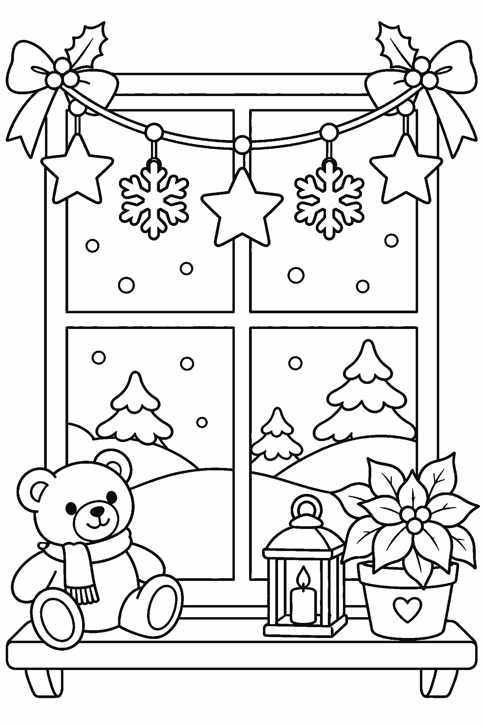 Coloring page of a garland of stars and snowflakes across a window
