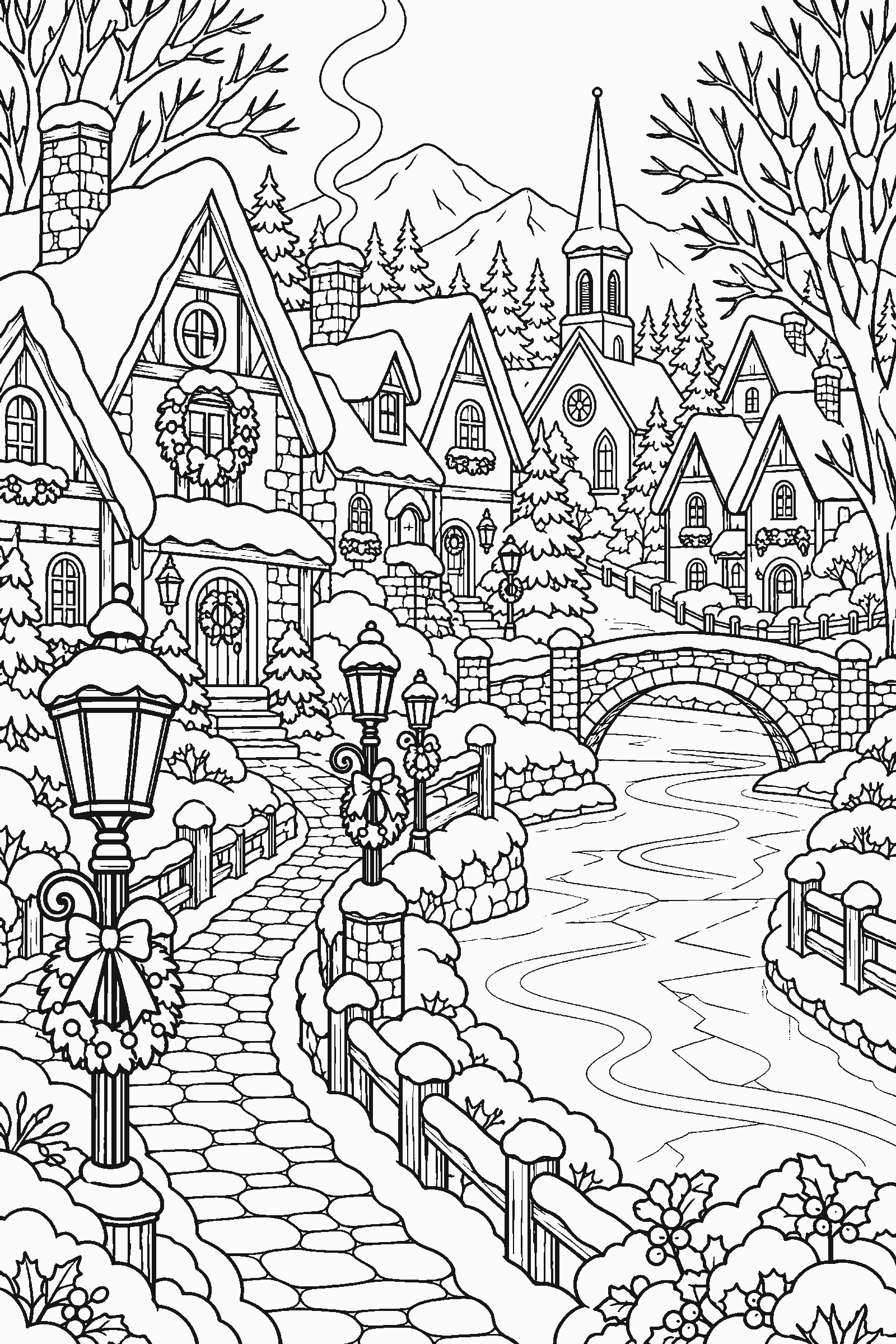 Detailed coloring page of a winter village with snowy rooftops, lanterns and a frozen river