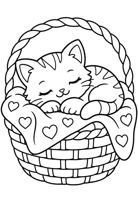 Coloring page of a kitten sleeping in a basket with a blanket
