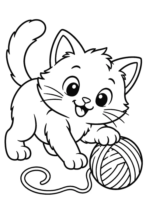 Coloring page of a kitten playing with a ball of yarn
