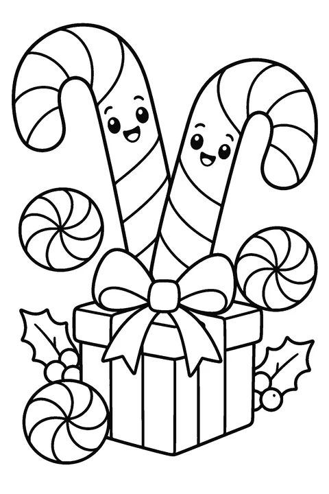 Coloring page of candy canes, peppermints and a gift box
