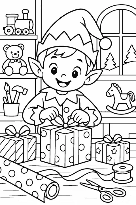 Coloring page of a cheerful elf wrapping presents in a workshop