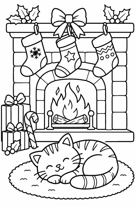 Coloring page of a cat sleeping by the fireplace under hanging stockings