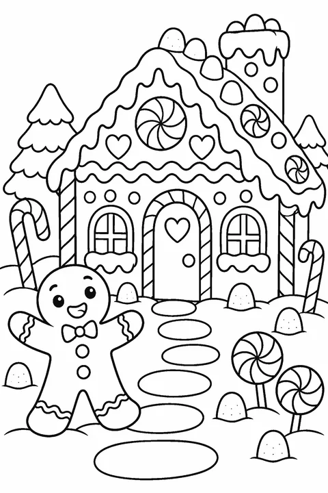 Coloring page of a gingerbread house with candy decorations and a gingerbread man