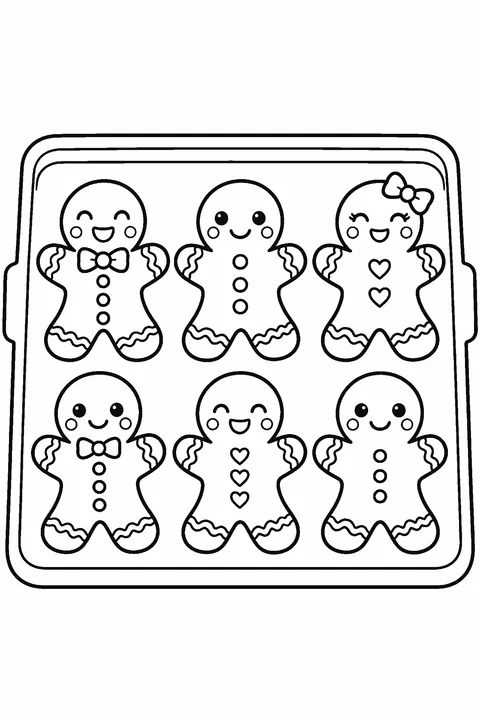 Coloring page of gingerbread cookies with icing on a baking tray