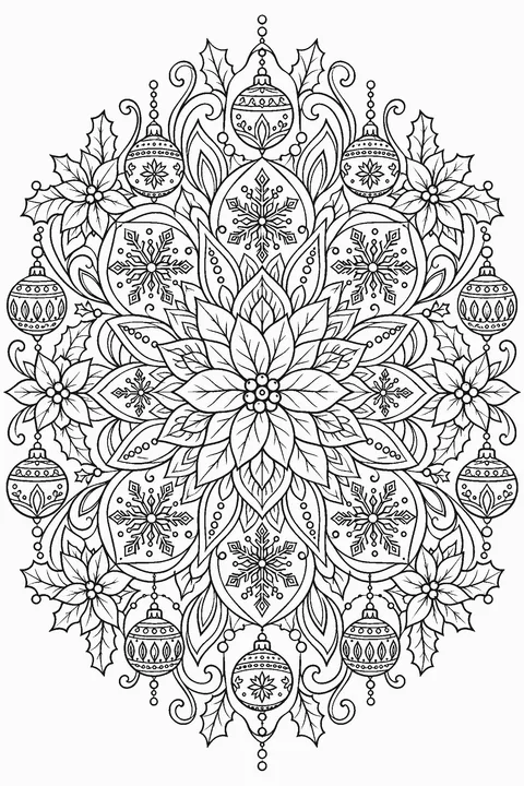Christmas mandala coloring page with snowflakes, ornaments, holly and poinsettias
