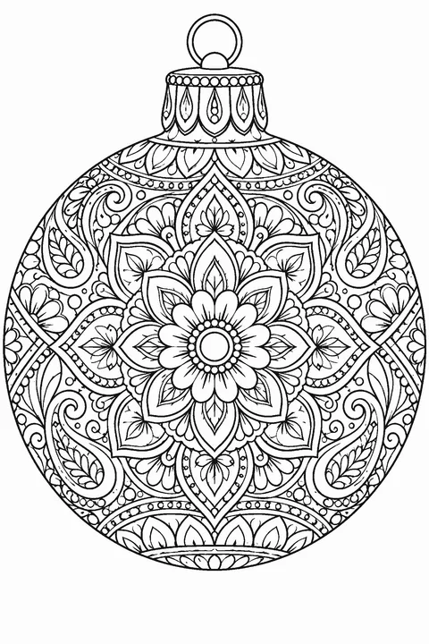 Detailed coloring page of a large Christmas bauble filled with mandala patterns