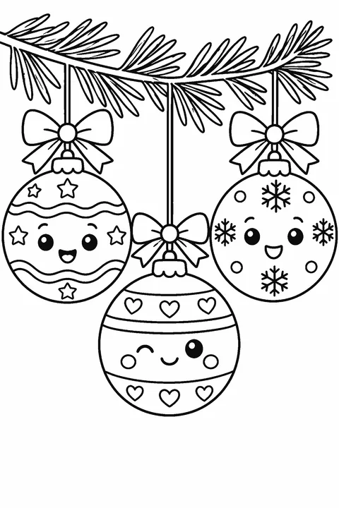 Coloring page of three big round Christmas ornaments with bows hanging from a pine branch