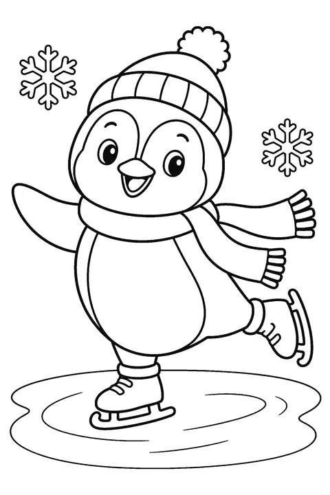 Coloring page of a cute penguin in a hat and scarf ice skating