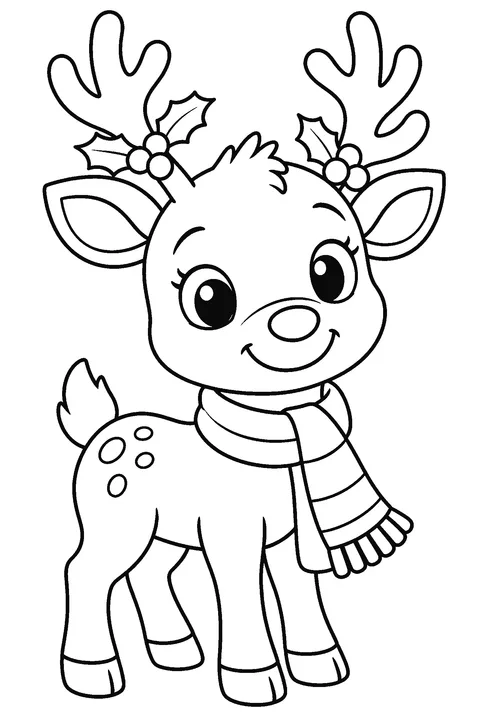 Coloring page of a cute reindeer wearing a scarf with holly in its antlers