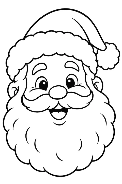 Coloring page of a jolly Santa Claus face with a big beard and hat