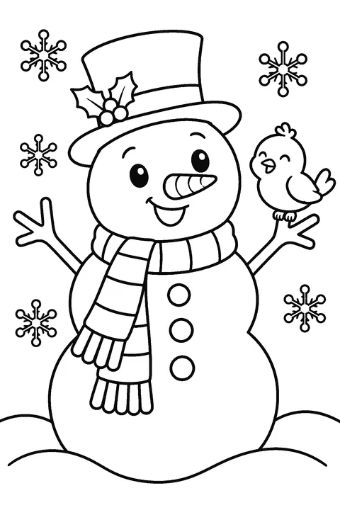 Coloring page of a snowman with a top hat and scarf, snowflakes and a small bird