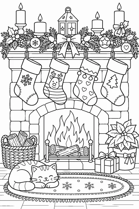 Coloring page of Christmas stockings hanging on a fireplace mantel with garland and candles
