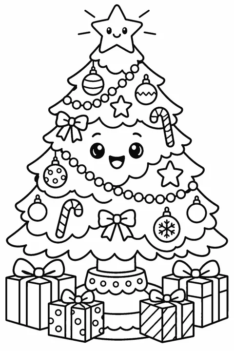 Coloring page of a decorated Christmas tree with presents underneath and a star on top