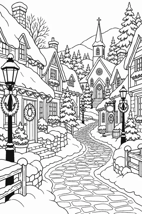 Coloring page of a snowy Christmas village street with cottages, lamp posts and a small church