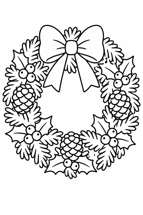 Coloring page of a Christmas wreath with a big bow, pinecones, holly and berries