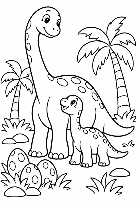 Coloring page of a mother long-neck dinosaur with her baby, eggs and palm trees