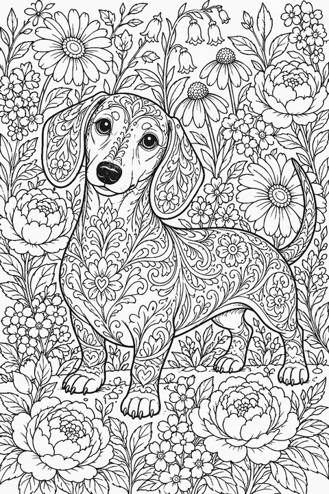 Detailed coloring page of a dachshund surrounded by flowers