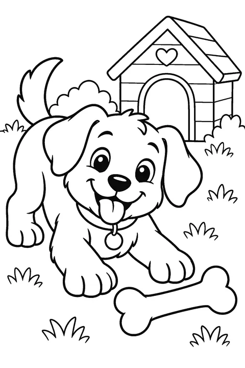 Coloring page of a puppy with a bone next to a doghouse