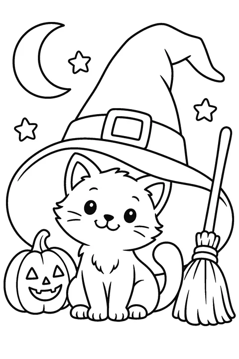 Coloring page of a cute cat sitting inside a witch hat next to a broom