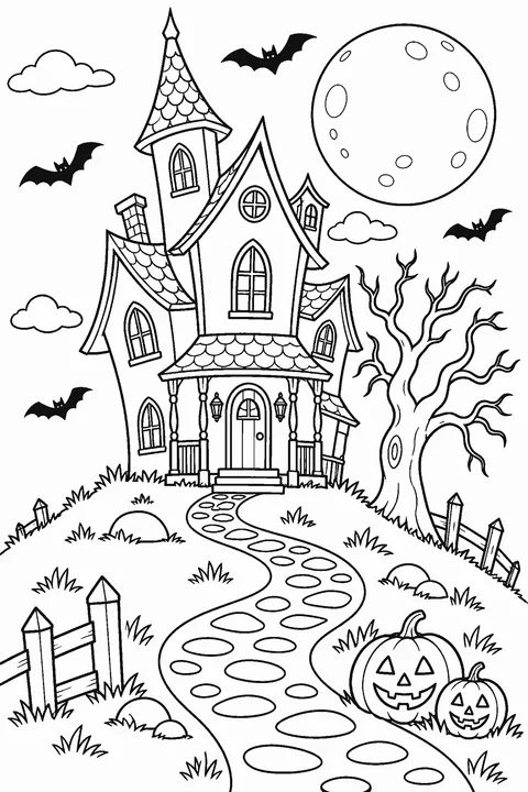 Coloring page of a spooky-cute haunted house on a hill with bats, a full moon and a bare tree