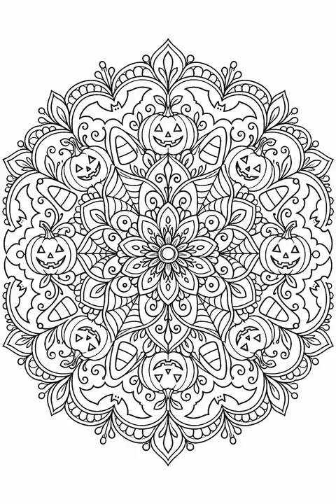 Halloween mandala coloring page with pumpkins, bats, spider webs and candy corn