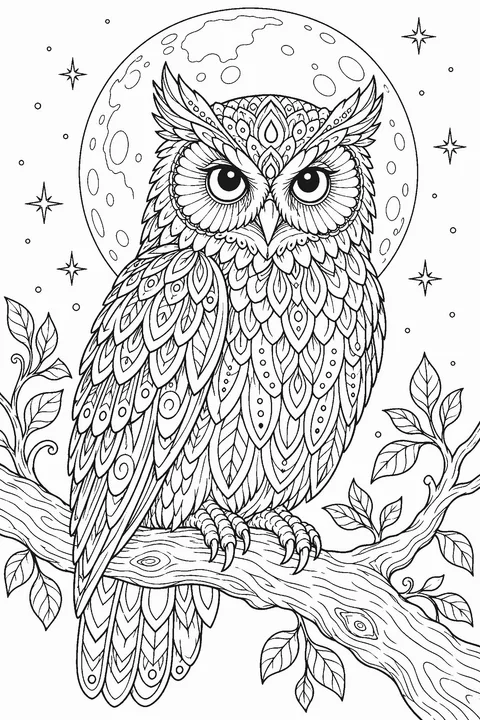 Detailed coloring page of an owl on a branch in front of a big moon with ornamental feathers