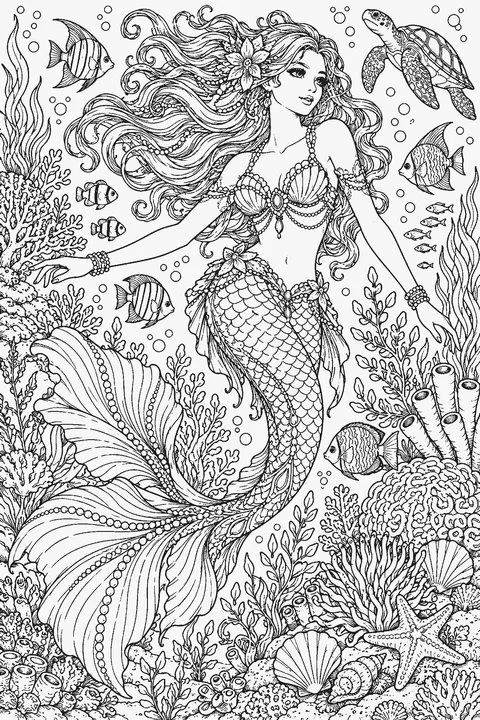 Detailed coloring page of a mermaid swimming among coral reefs and tropical fish