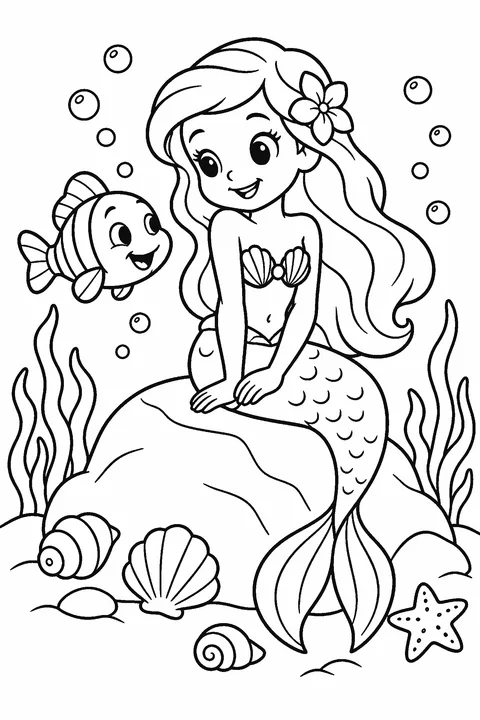 Coloring page of a little mermaid sitting on a rock with seashells and a fish friend