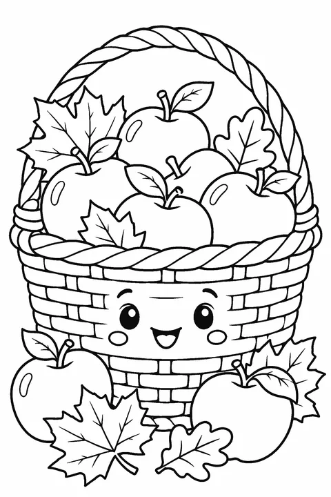 Coloring page of a wicker basket full of apples with autumn leaves