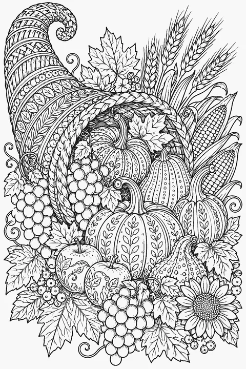 Detailed coloring page of an overflowing cornucopia with gourds, grapes, wheat and autumn leaves