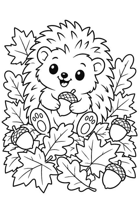 Coloring page of a hedgehog in a pile of autumn leaves with acorns
