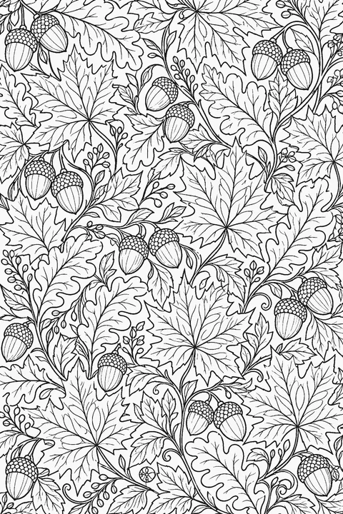 Full-page coloring pattern of oak and maple leaves and acorns