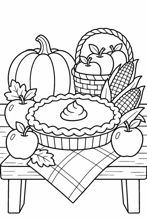 Coloring page of a pumpkin pie with apples, corn and a little basket on a table