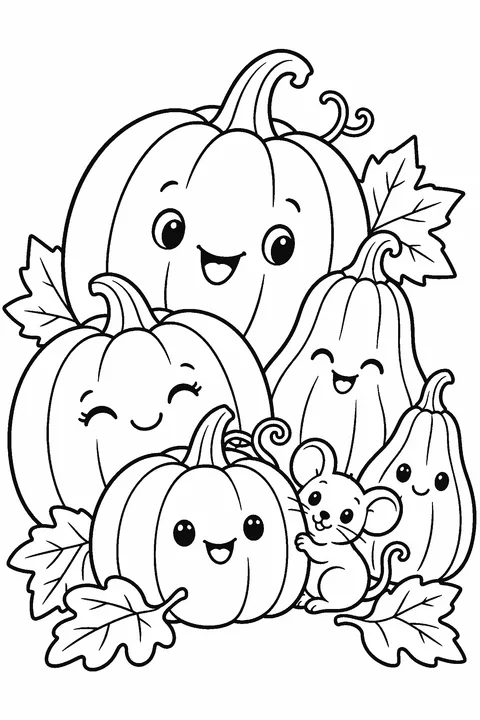 Coloring page of a pile of pumpkins and gourds with leaves and a little mouse