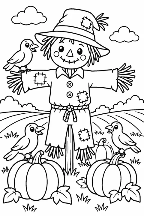 Coloring page of a friendly scarecrow in a field with crows and pumpkins