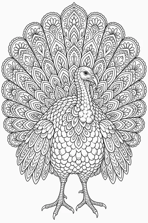 Detailed coloring page of a turkey whose tail feathers form an intricate mandala