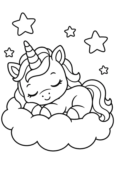 Coloring page of a baby unicorn sleeping on a cloud with stars