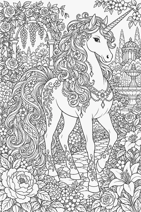Detailed coloring page of a unicorn with an ornate mane in a flower garden