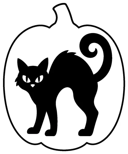 Pumpkin carving stencil: black cat with an arched back and curly tail