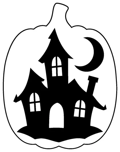 Pumpkin carving stencil: haunted house with a crescent moon