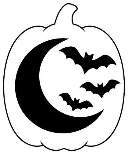 Pumpkin carving stencil: crescent moon with three small bats