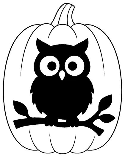 Pumpkin carving stencil: owl on a branch with big round eyes
