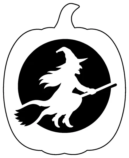 Pumpkin carving stencil: witch flying on a broomstick across a full moon